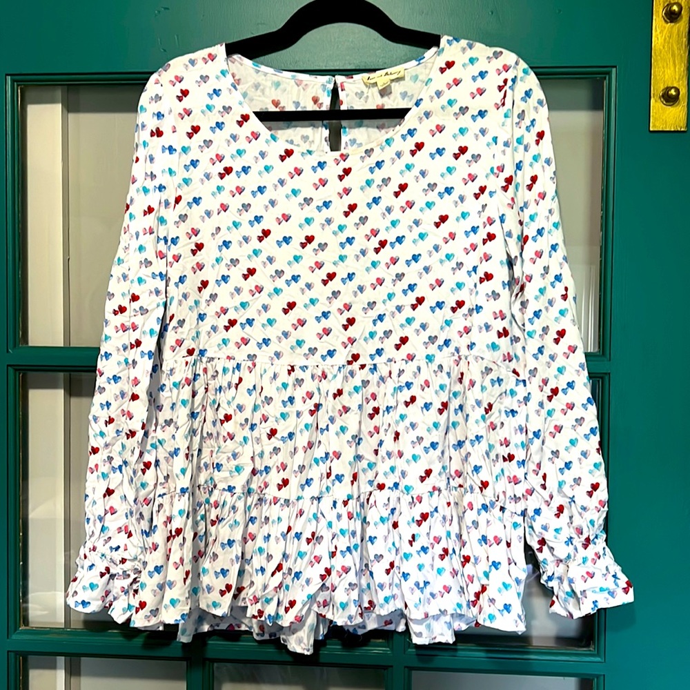 EUC Heart Printed Tiered Babydoll Blouse L